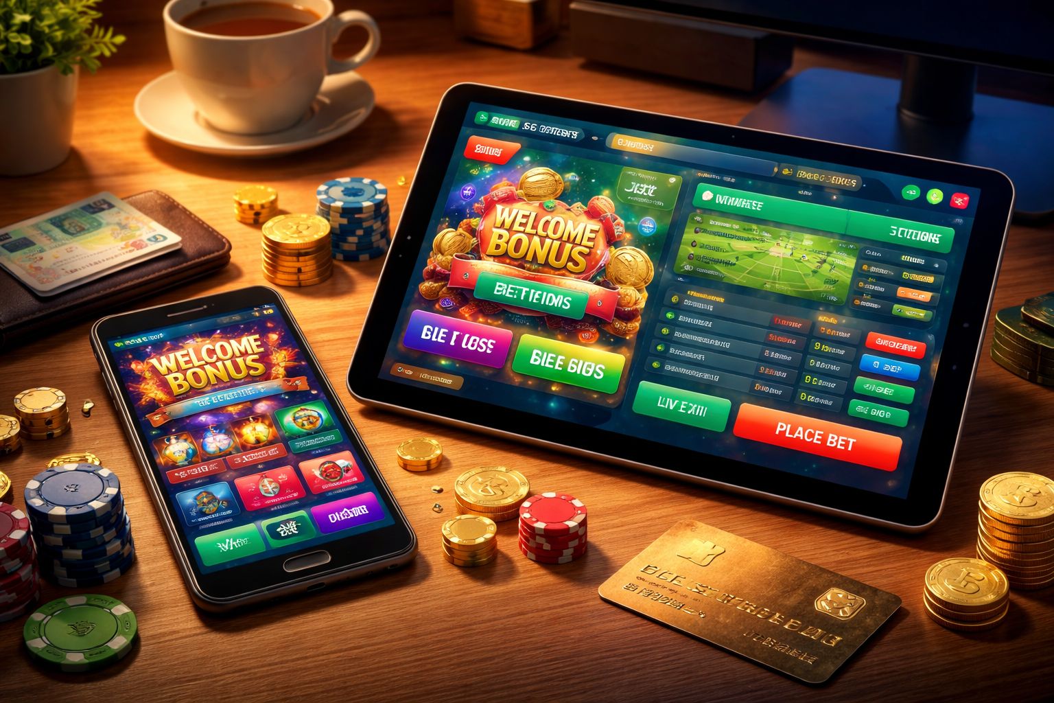 Premium mobile betting and casino access scene with glowing interface and welcoming online gaming atmosphere for 9666BET