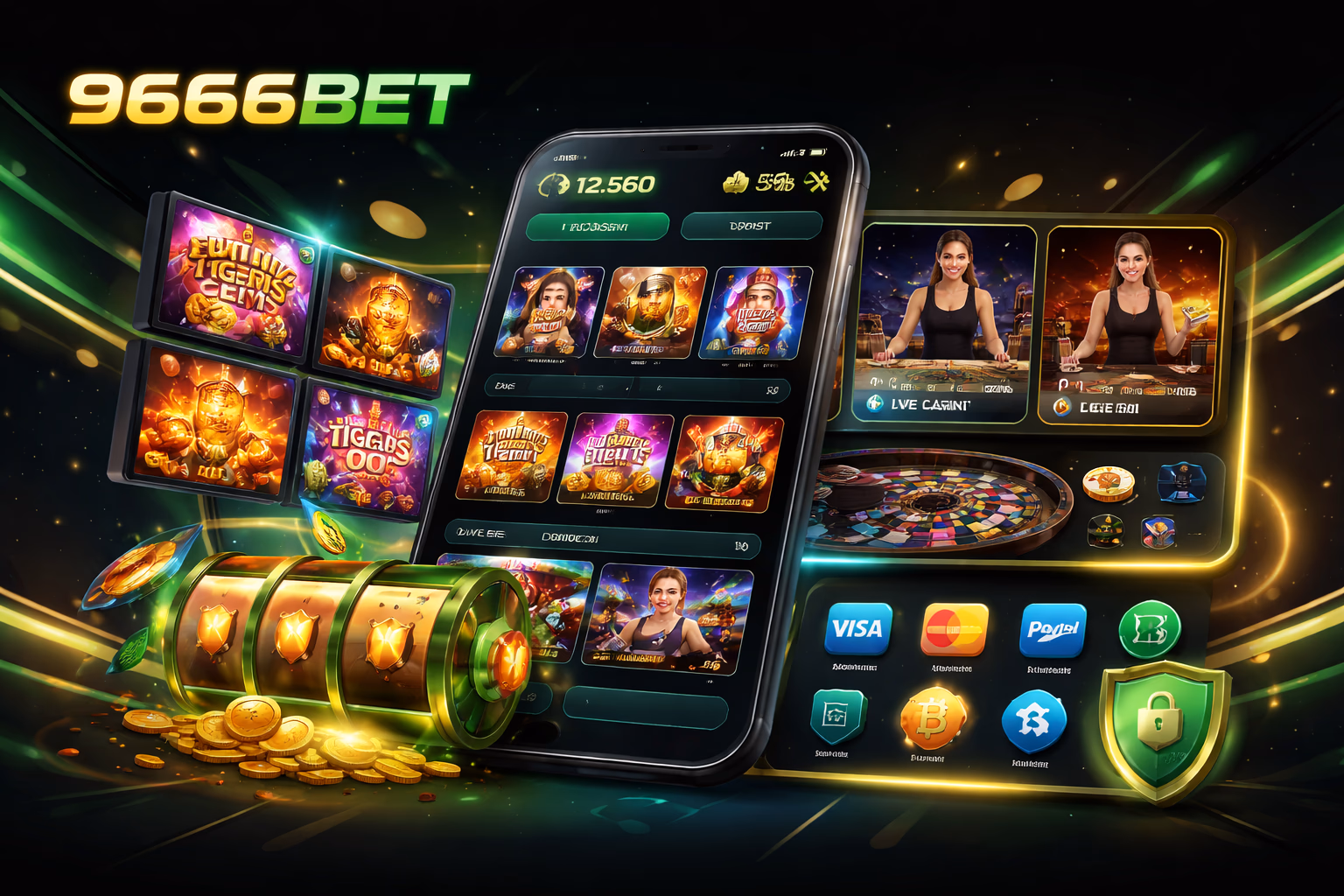 Modern smartphone displaying the 9666BET app with colorful casino icons and a premium mobile gaming layout