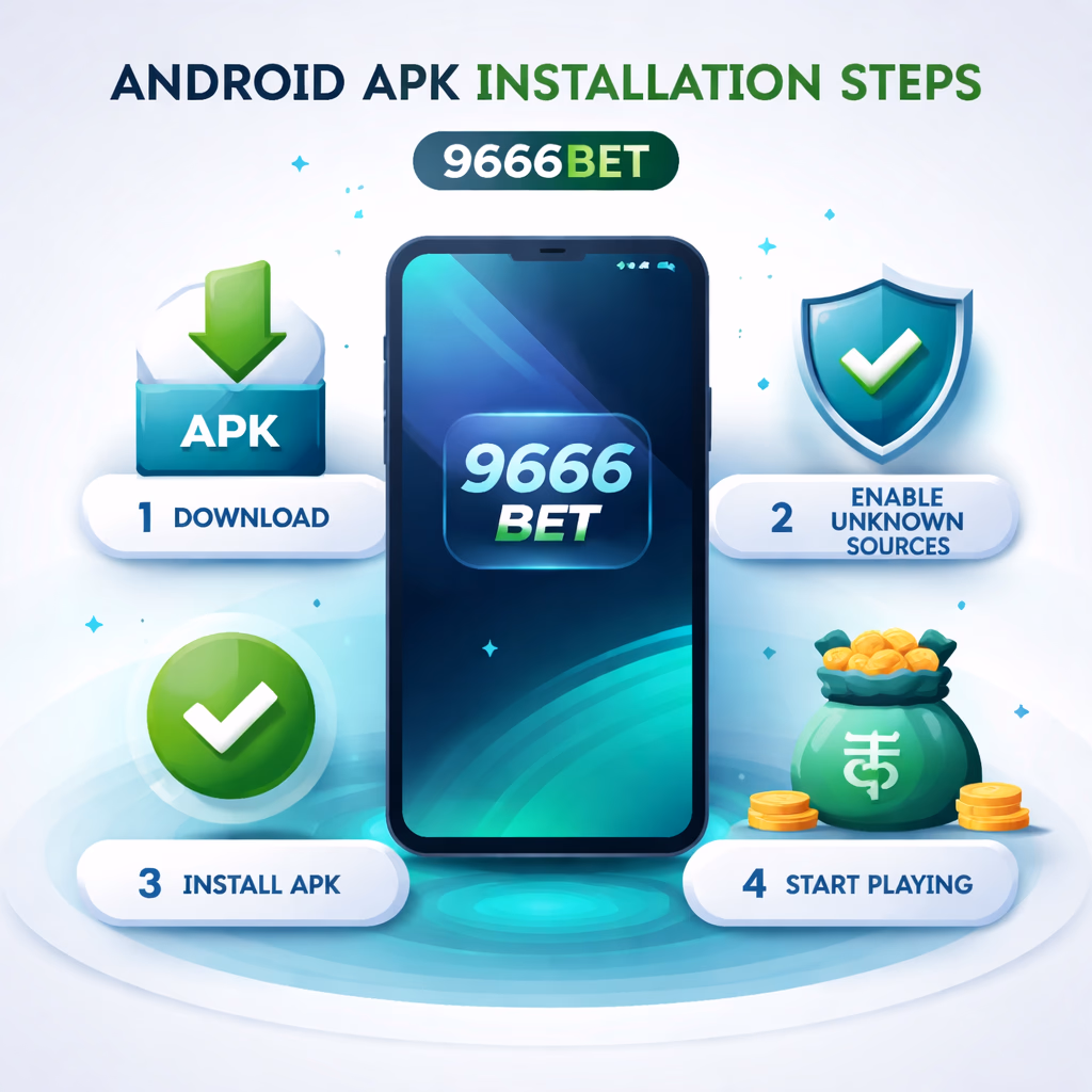 Phone user in a cozy indoor setting installing the 9666BET Android app with a clear success screen