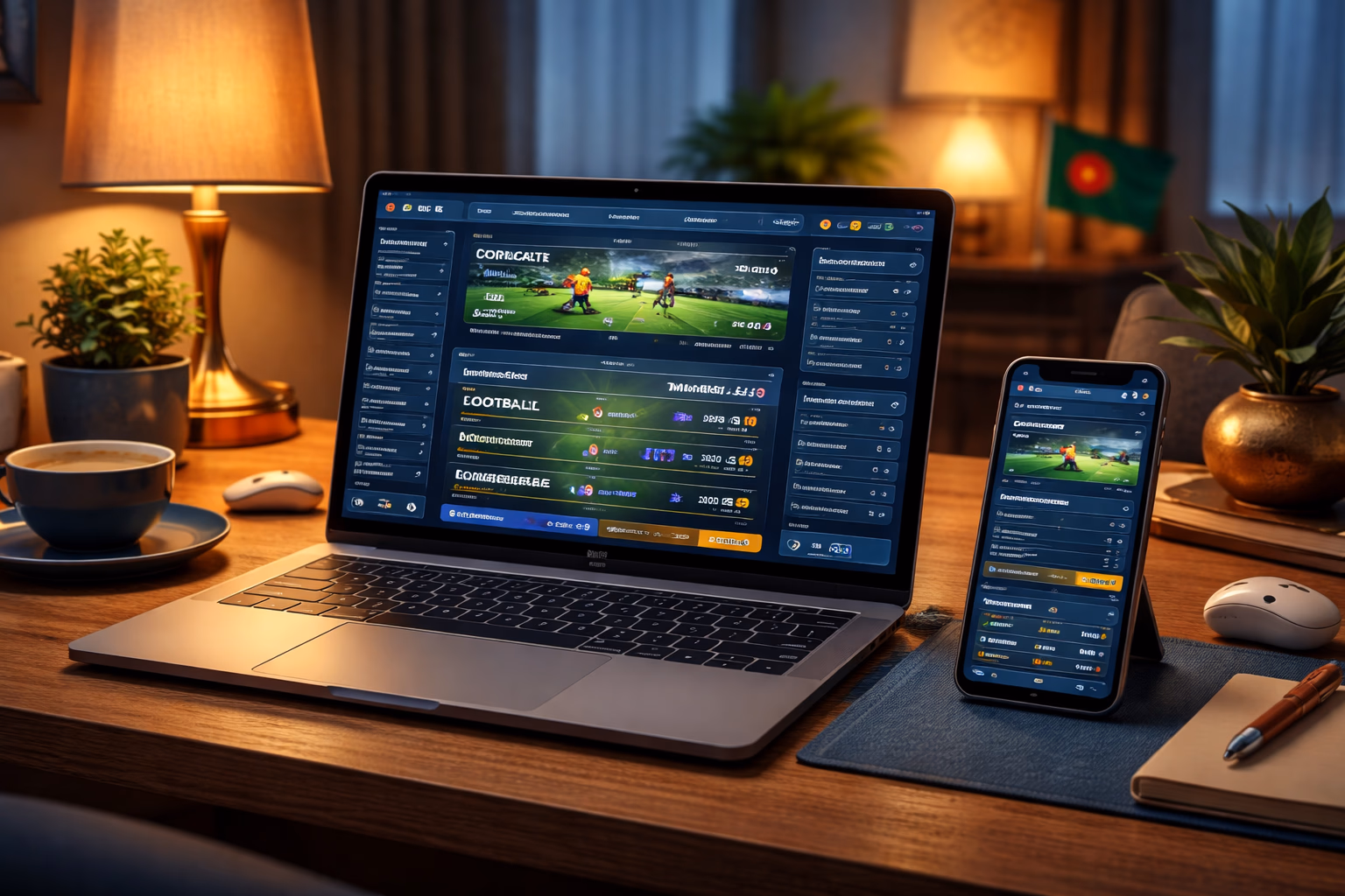 Modern 9666BET sports betting setup with laptop and phone showing live cricket and football markets in a comfortable Bangladesh home setting