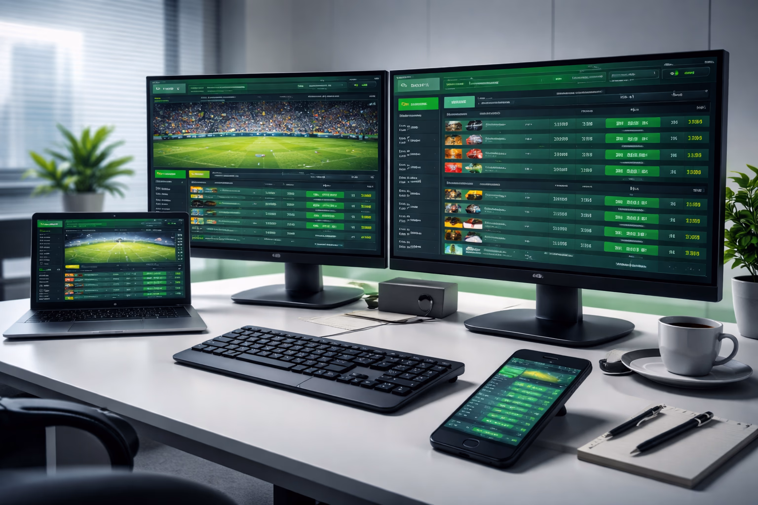 9666BET live betting scene with mobile and desktop screens showing active sports odds in a bright modern room