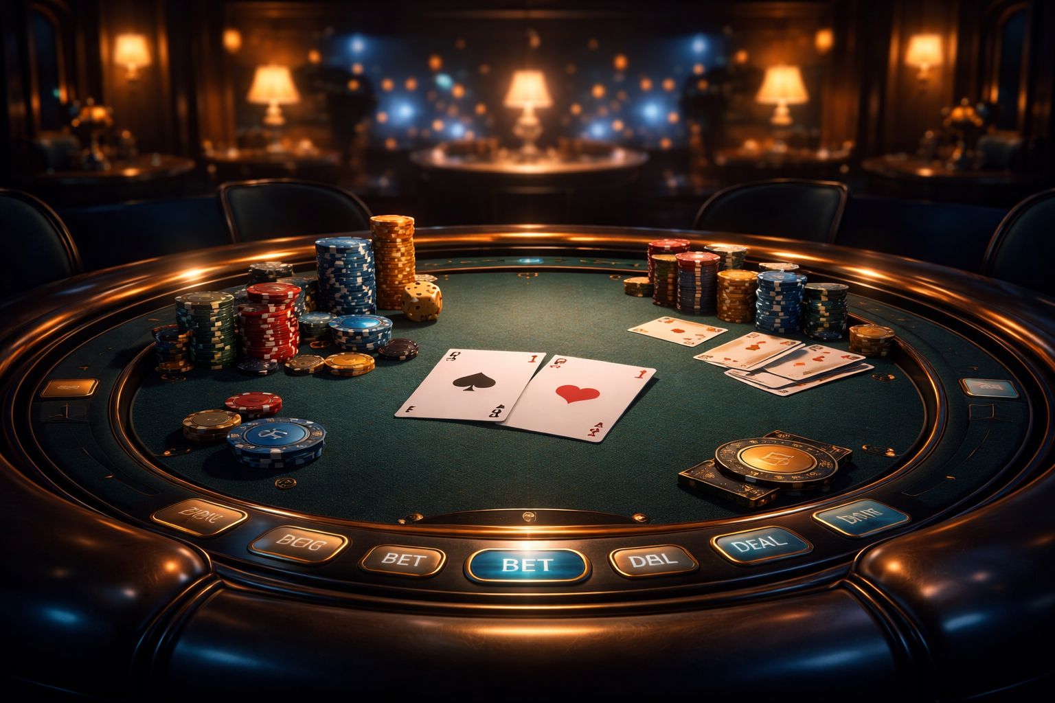 Elegant online casino table display with cards, chips, and ambient lighting representing a premium digital gaming atmosphere