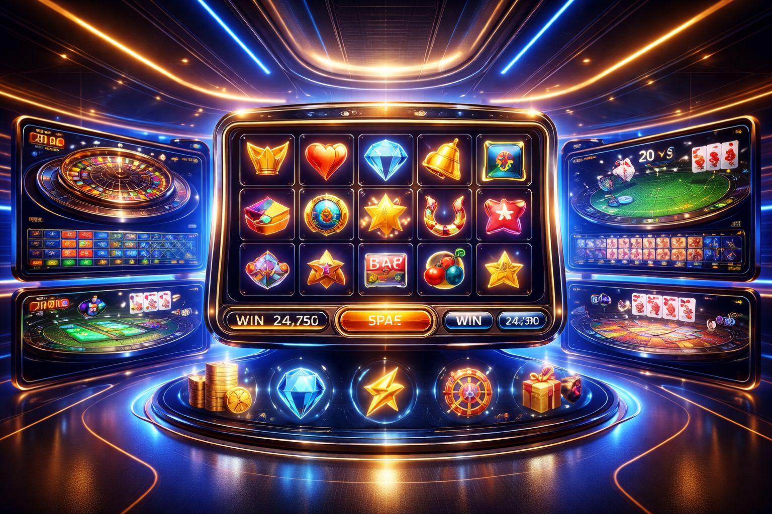Stylized online casino dashboard with live tables, slot icons, and glowing interface elements in a premium setting