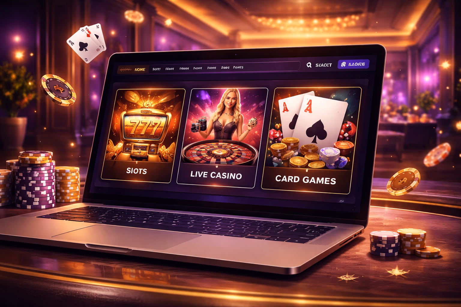 Modern laptop displaying a vibrant 9666BET game lobby with slots and table categories arranged for easy browsing