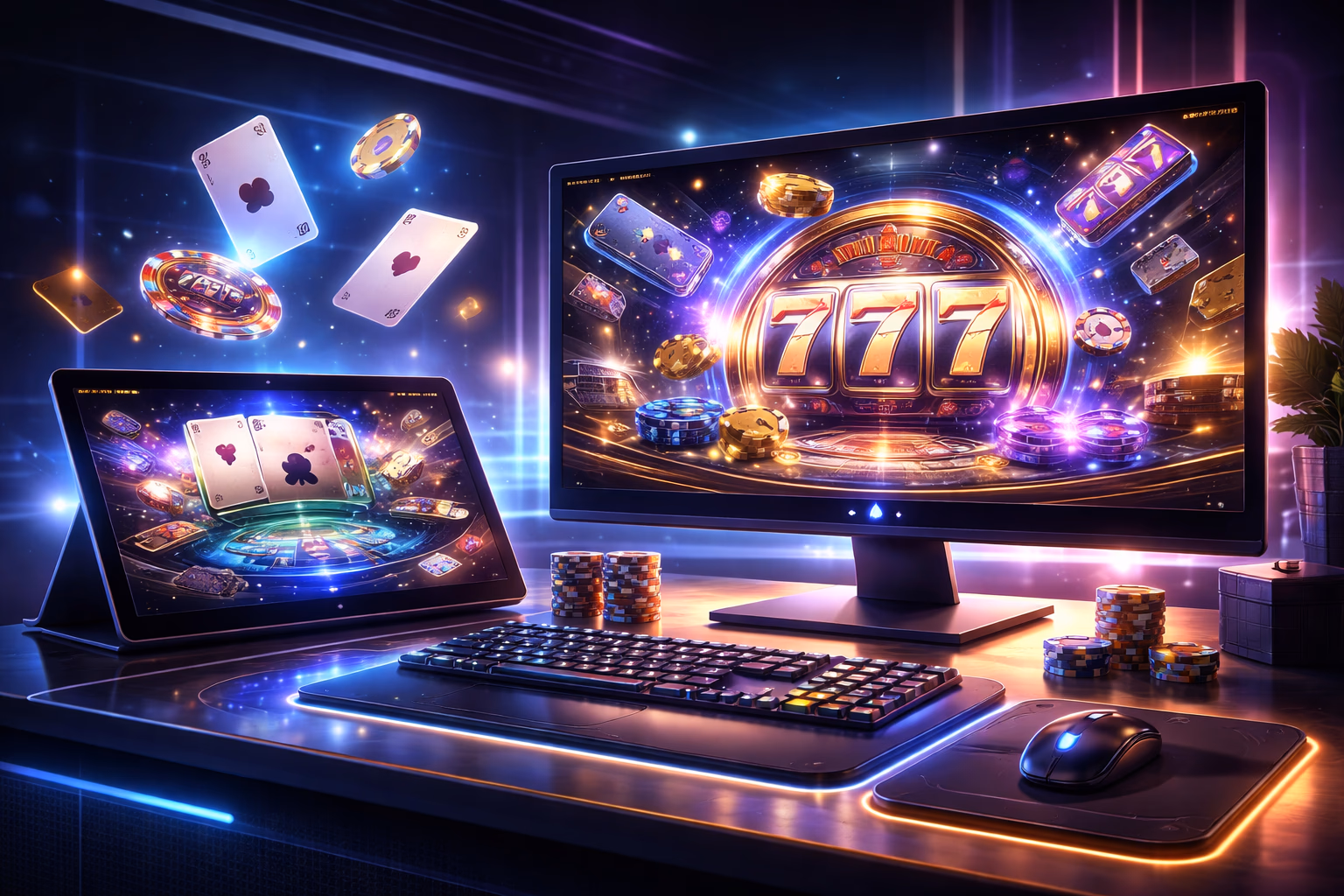 Stylized gaming setup with tablet and desktop screens showing 9666BET casino categories in a neon-lit environment