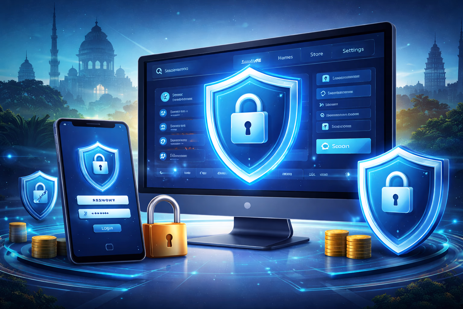 Secure mobile access concept with shield graphics and 9666BET account protection theme in a sleek gaming atmosphere