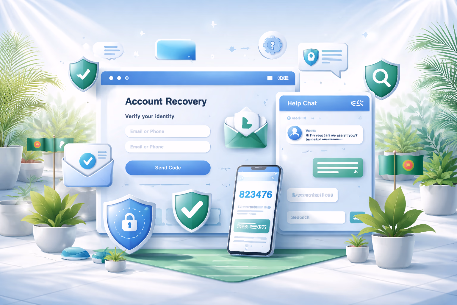 Helpful support-themed login assistance scene with digital account recovery elements and bright interface styling