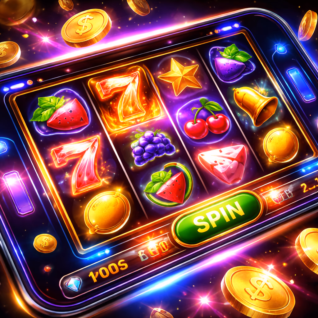 Close-up view of animated slot reels with bright symbols, coins, and polished interface styling for Bangladesh players